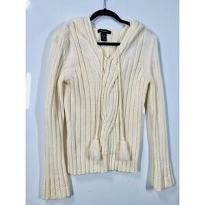 Express Knit Sweater Hooded Long Sleeve Slim Fit Cream Y2K Preppy Casual Women L